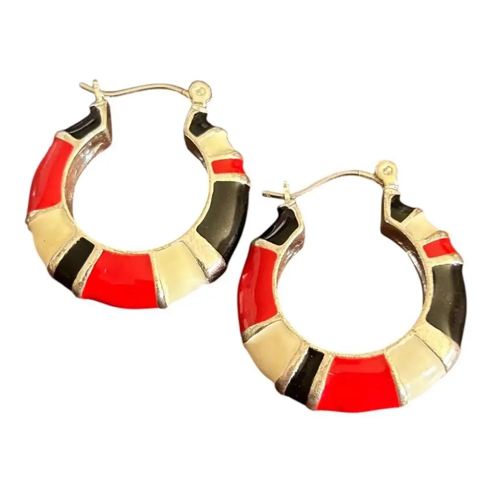 Vintage Red White Blue Enamel Hoop Earringsl Costume Jewelry 1” Patriotic Hoops